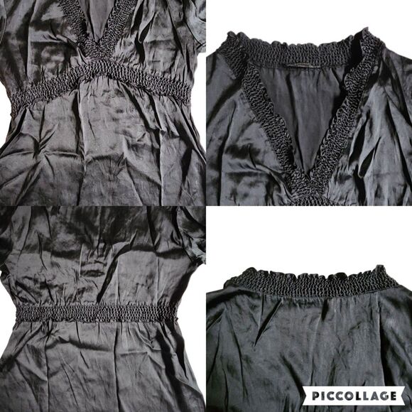 BCBGMAXAZRIA Black Silk Blend Short Sleeve V Neck Ruched Top Sz S - Picture 8 of 11